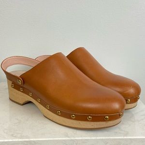 J.Crew Convertible Leather Clogs Rich Oat Brown Wood Sole Stud Cottagecore